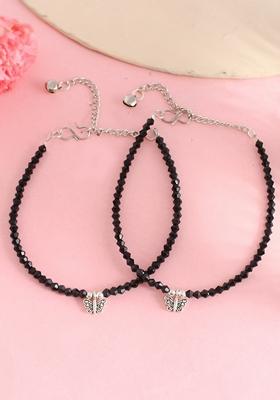 Black Black Beaded Butterfly Anklet (Set Of 2)