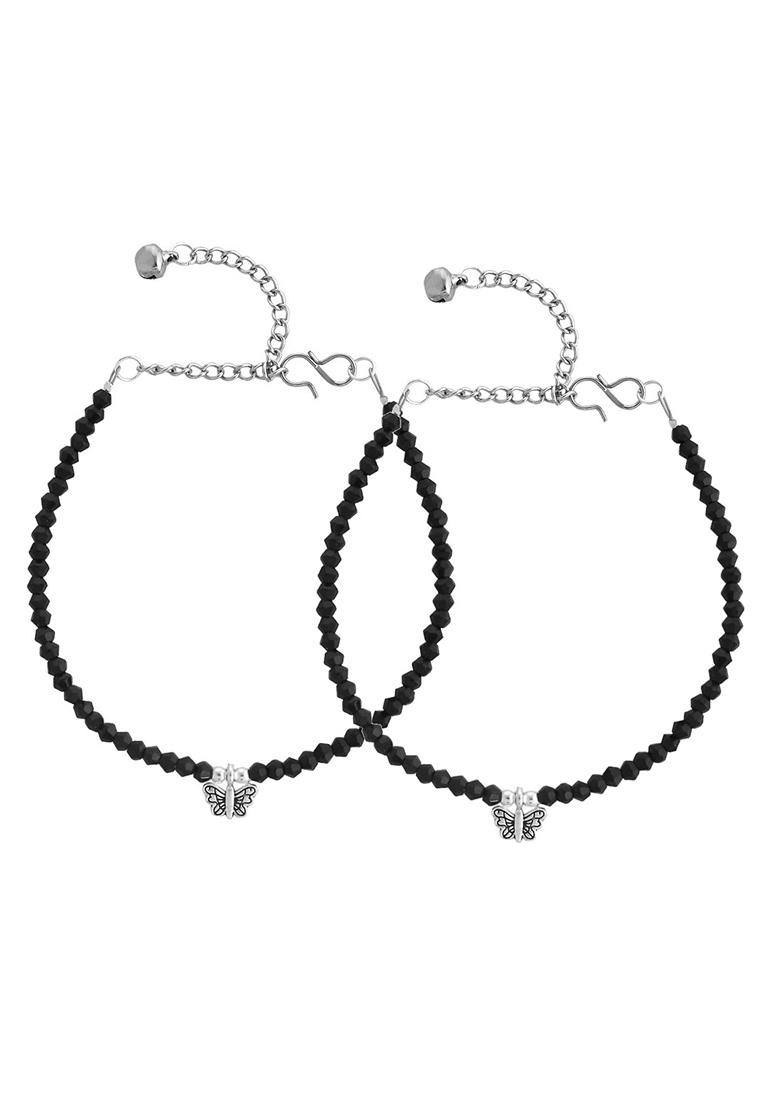 Black Black Beaded Butterfly Anklet (Set Of 2)