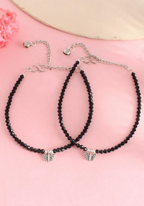 Black Black Beaded Butterfly Anklet (Set Of 2)