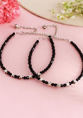 Silver Black Beaded Star Anklet (Set Of 2)