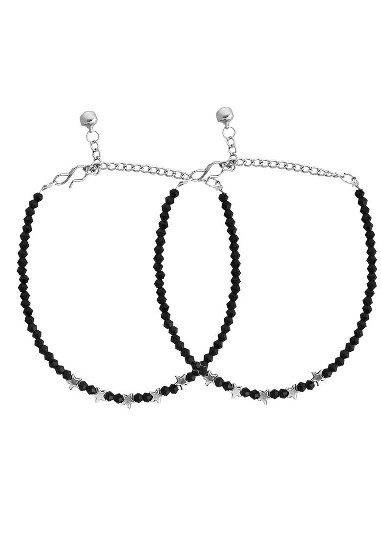 Silver Black Beaded Star Anklet (Set Of 2)