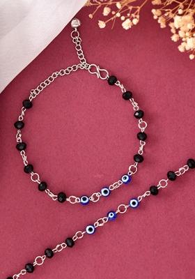 Silver Plated With Black Beads And Evil Eye Anklet (Set Of 2)