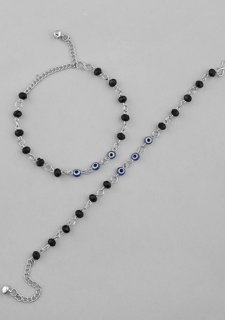 Silver Plated With Black Beads And Evil Eye Anklet (Set Of 2)