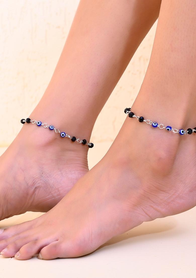 Silver Plated With Black Beads And Evil Eye Anklet (Set Of 2)