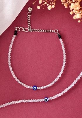 Silver Plated With Beads And Evil Eye Anklet (Set Of 2)