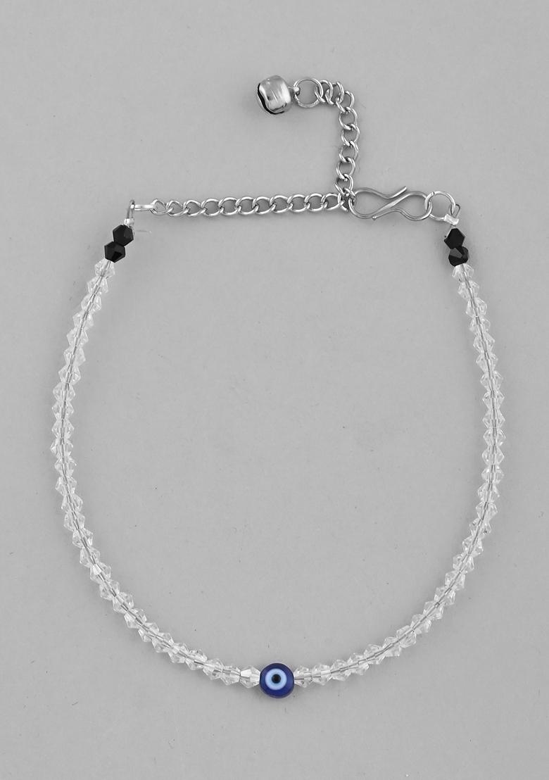Silver Plated With Beads And Evil Eye Anklet (Set Of 2)