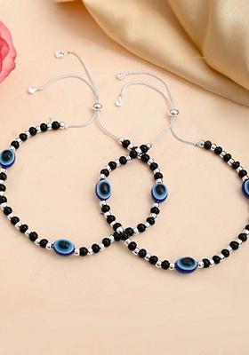 Silver Plated Evil Eye With Black And Beads Anklet (Set Of 2)