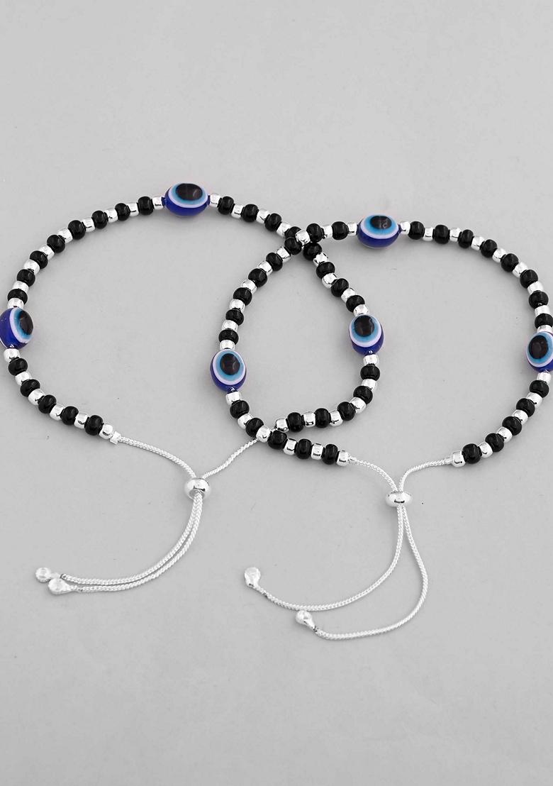 Silver Plated Evil Eye With Black And Beads Anklet (Set Of 2)