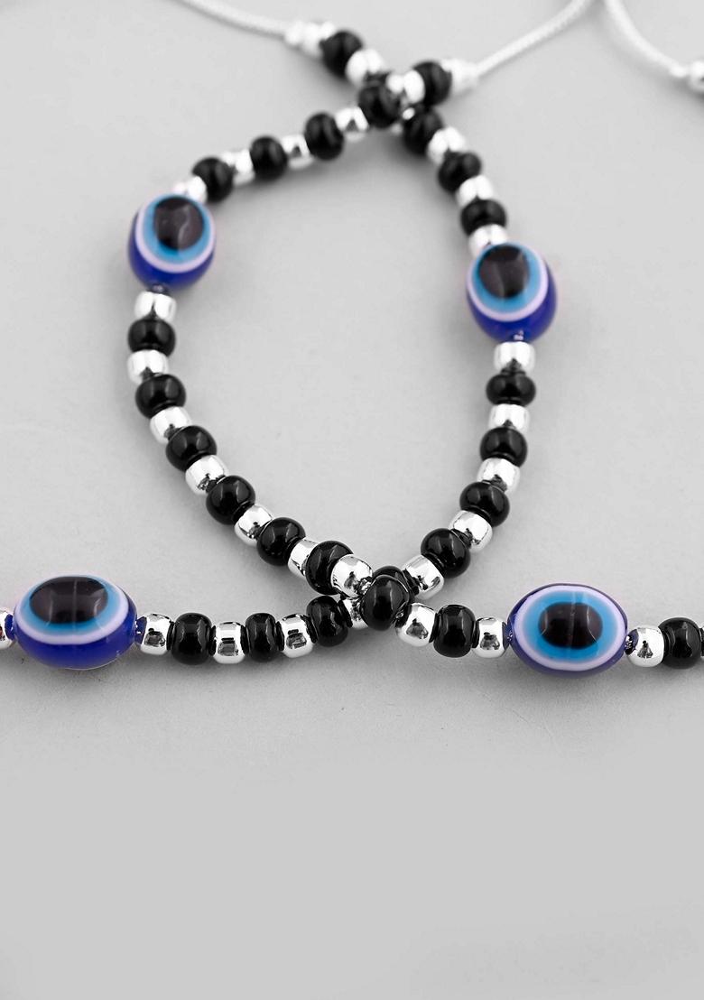 Silver Plated Evil Eye With Black And Beads Anklet (Set Of 2)