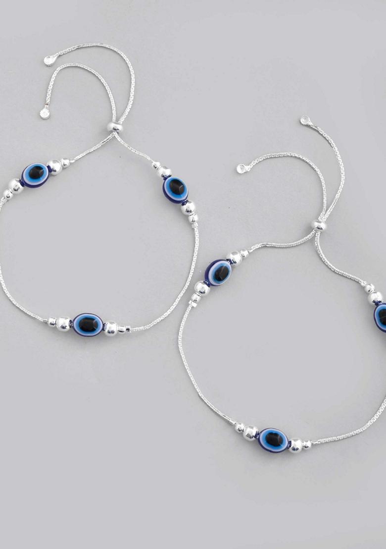 Silver Plated Evil Eye Anklet (Set Of 2)