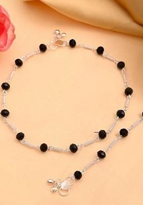 Silver Plated With Black Beads Anklet (Set Of 2)
