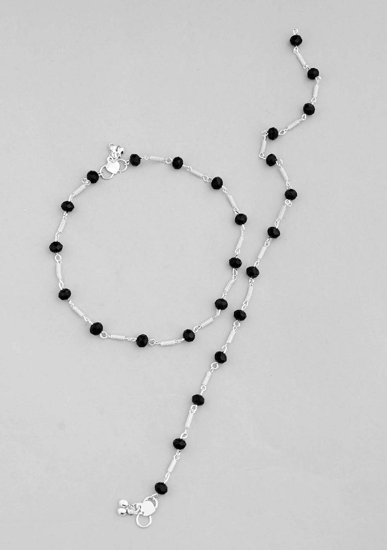Silver Plated With Black Beads Anklet (Set Of 2)