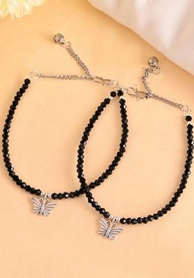 Silver Butterfly Black Beads Anklet (Set Of 2)