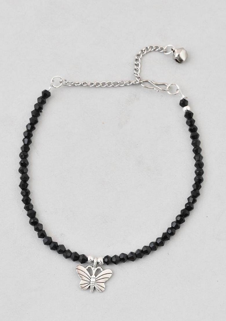 Silver Butterfly Black Beads Anklet (Set Of 2)