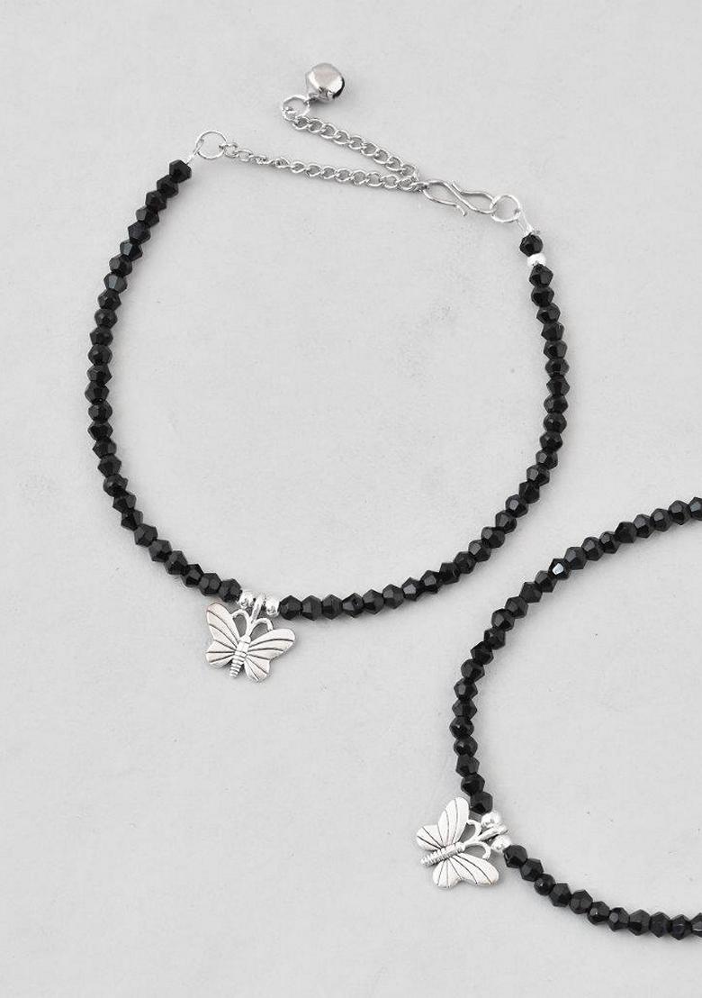 Silver Butterfly Black Beads Anklet (Set Of 2)