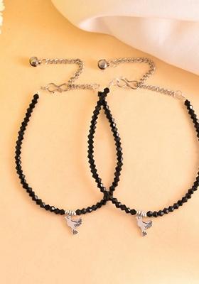 Silver Bird Black Beads Anklet (Set Of 2)