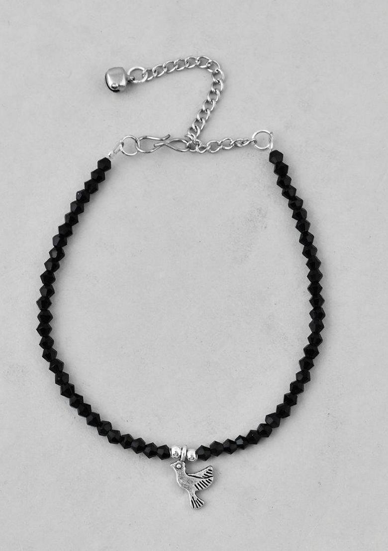 Silver Bird Black Beads Anklet (Set Of 2)