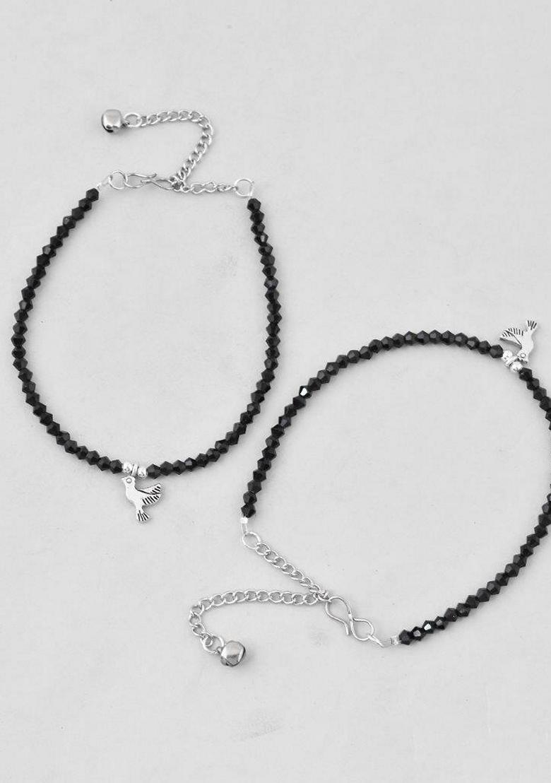 Silver Bird Black Beads Anklet (Set Of 2)