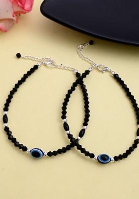 Black Evil Eye Black Beads Adjustable Anklet (Set Of 2)
