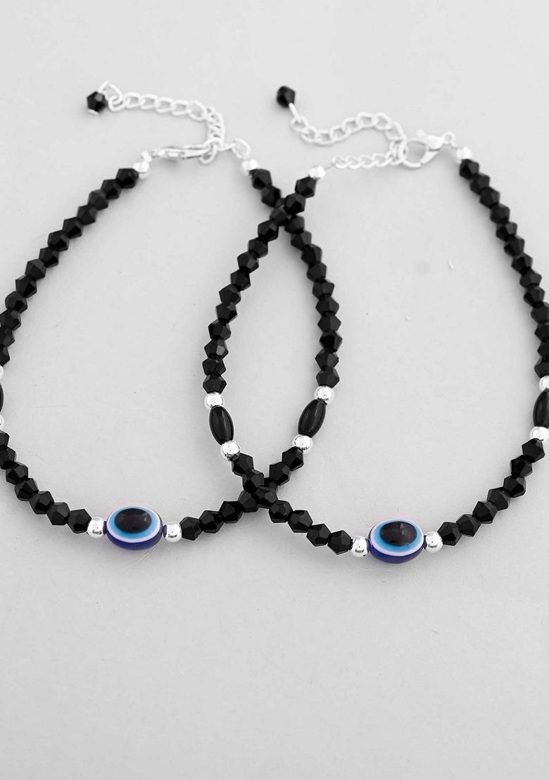 Black Evil Eye Black Beads Adjustable Anklet (Set Of 2)