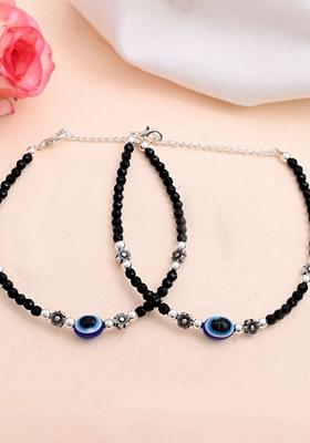 Black Evil Eye Black With Flower Shaped Beads Anklet (Set Of 2)