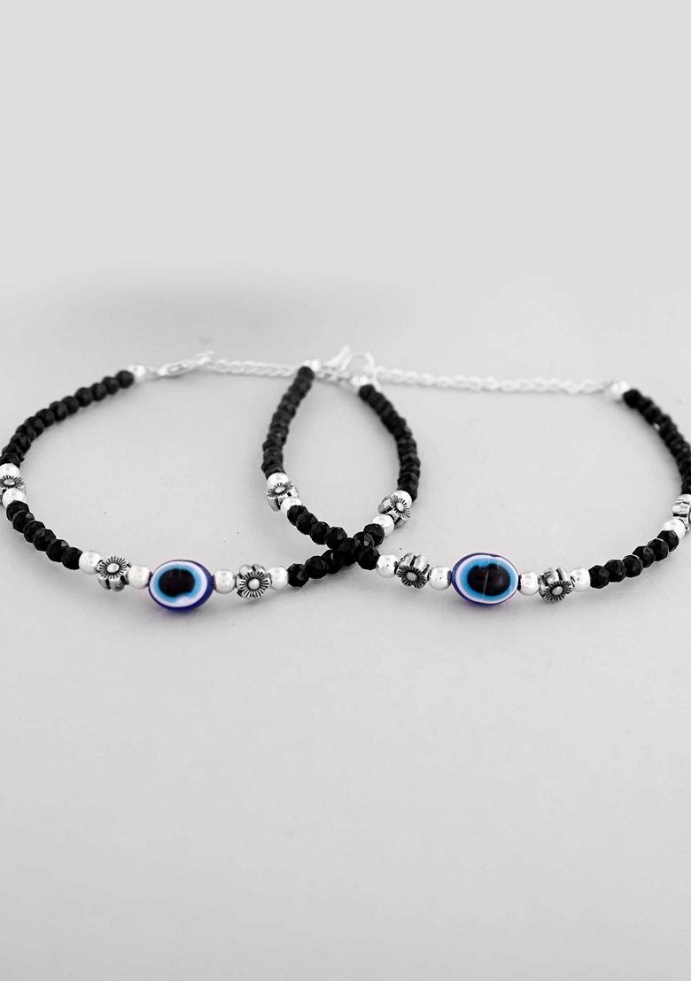 Black Evil Eye Black With Flower Shaped Beads Anklet (Set Of 2)