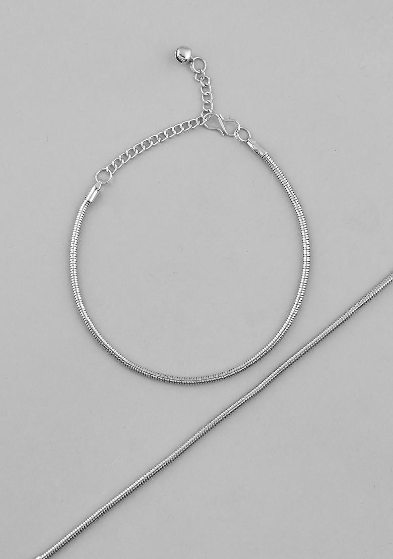Silver Stainless Steel Plated Snake Anklets (Set Of 2)