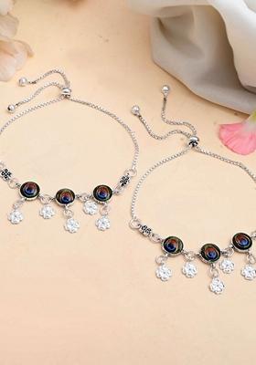Silver Plated Peacock Printed Handcrafted Anklet (Set Of 2)