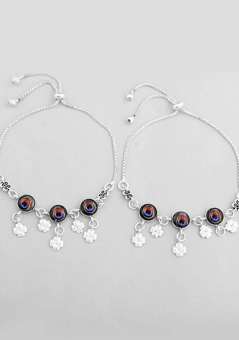 Silver Plated Peacock Printed Handcrafted Anklet (Set Of 2)