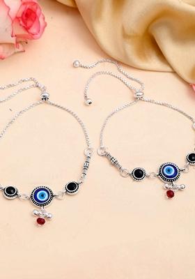 Silver Plated Evil Eye Handcrafted Adjustable Anklet (Set Of 2)