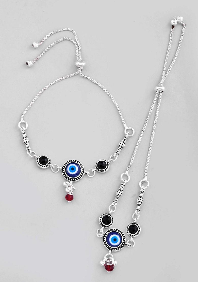 Silver Plated Evil Eye Handcrafted Adjustable Anklet (Set Of 2)