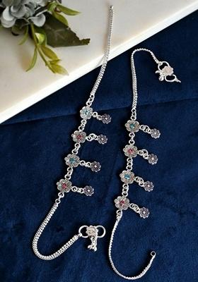 Silver Plated Flower Shaped Meenakari Anklet (Set Of 2)