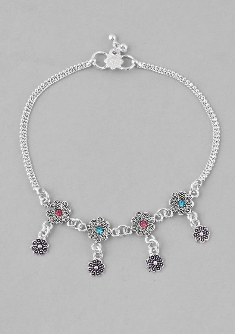 Silver Plated Flower Shaped Meenakari Anklet (Set Of 2)