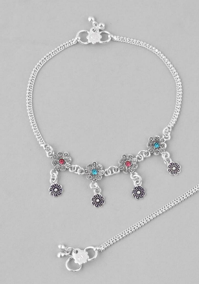 Silver Plated Flower Shaped Meenakari Anklet (Set Of 2)