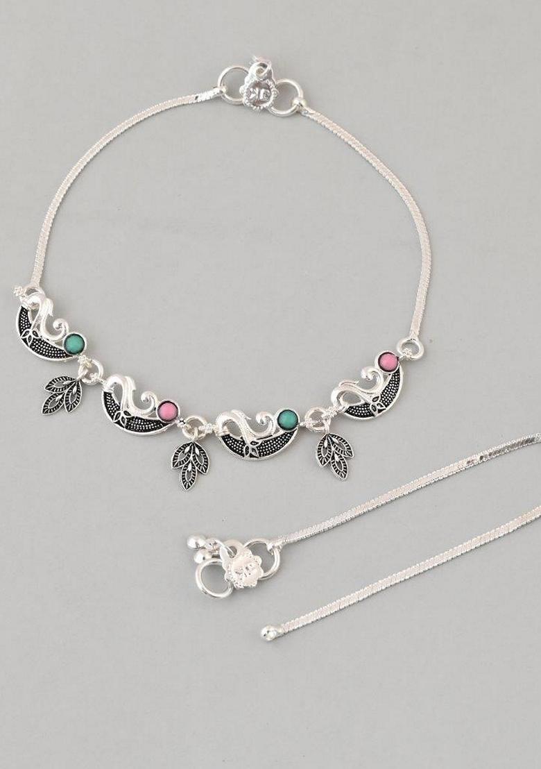 Silver Plated Meenakari Anklet (Set Of 2)