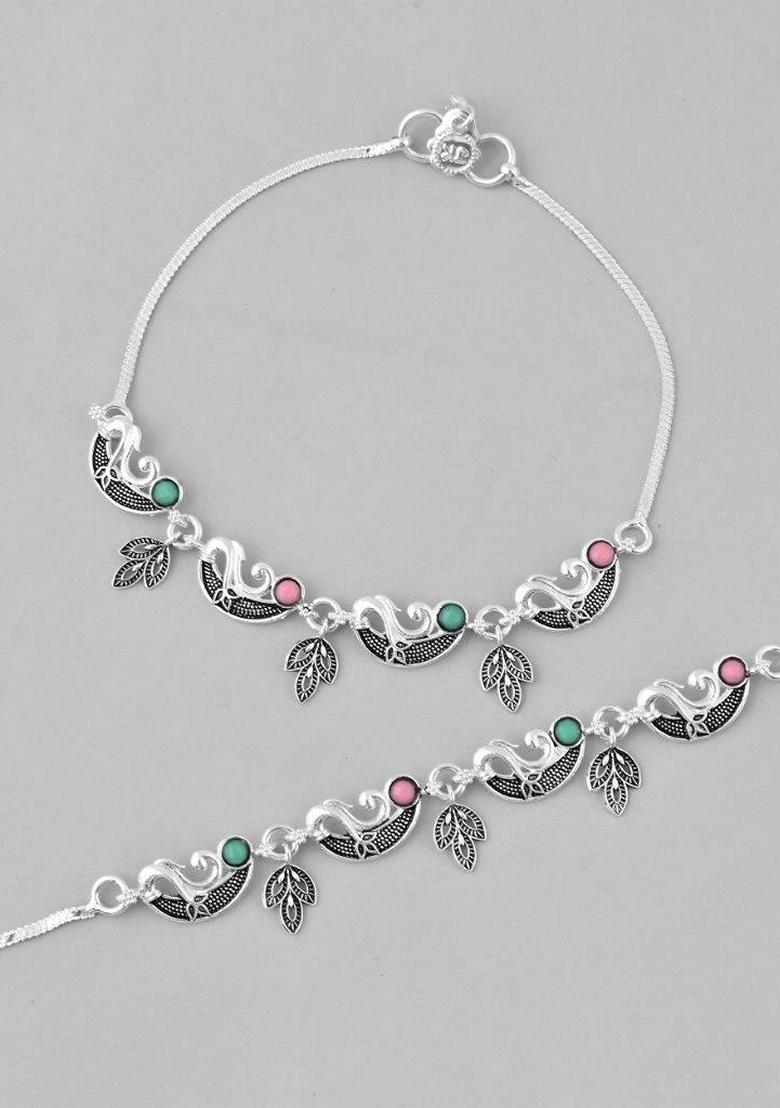 Silver Plated Meenakari Anklet (Set Of 2)