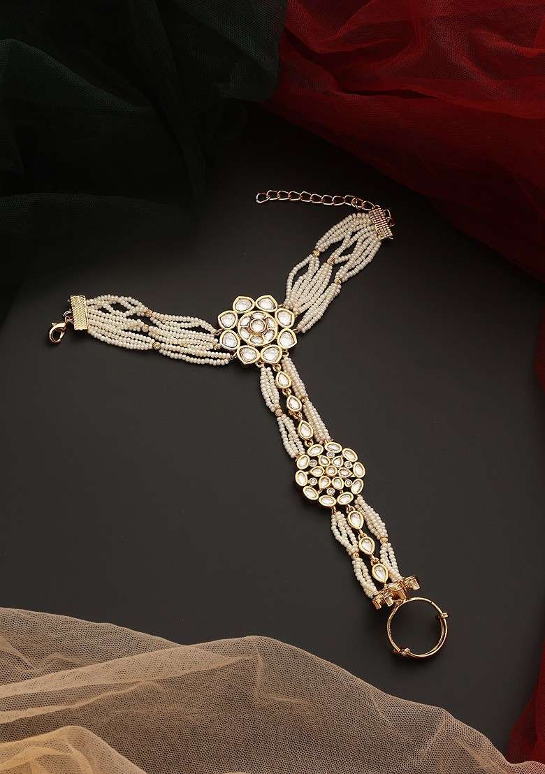 White Gold Tone Polki Hathphool Bracelet - Indya
