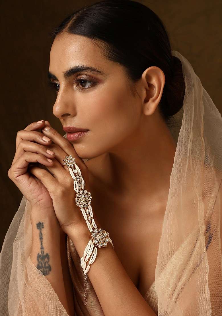 White Gold Tone Polki Hathphool Bracelet - Indya