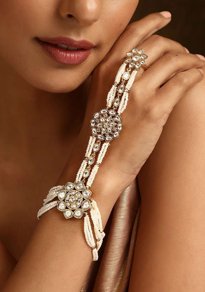 White Gold Tone Polki Hathphool Bracelet - Indya