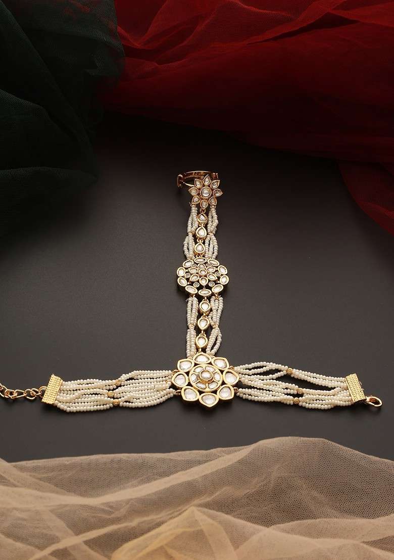 White Gold Tone Polki Hathphool Bracelet - Indya