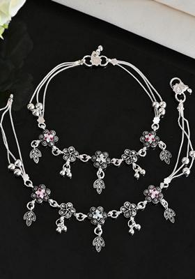Silver Plated Flower Shaped Stone Studded Anklet (Set Of 2)