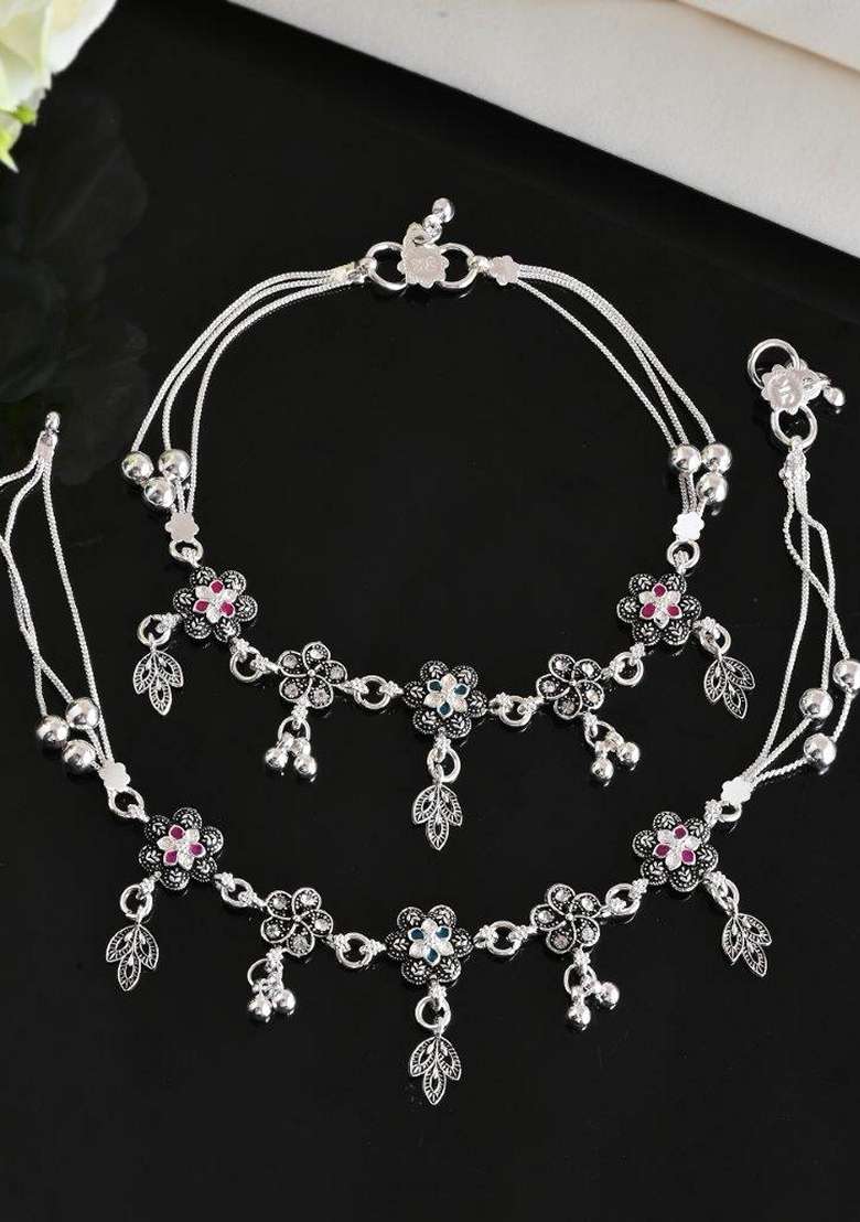 Silver Plated Flower Shaped Stone Studded Anklet (Set Of 2) - Indya