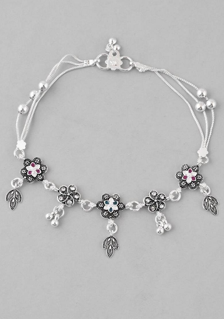 Silver Plated Flower Shaped Stone Studded Anklet (Set Of 2)