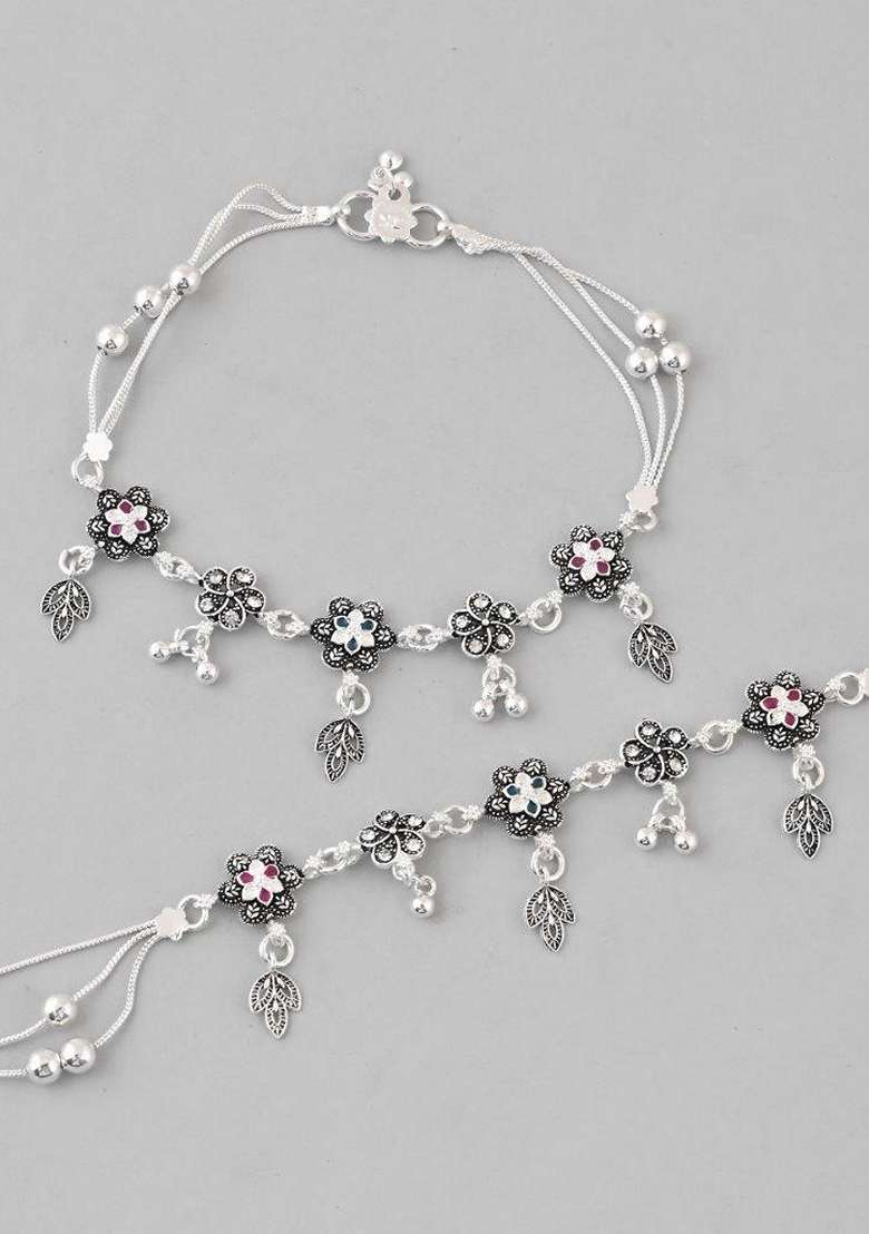 Silver Plated Flower Shaped Stone Studded Anklet (Set Of 2) - Indya