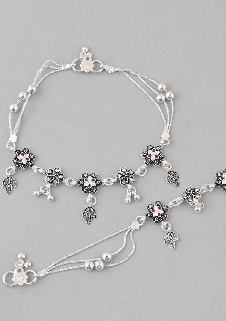 Silver Plated Flower Shaped Stone Studded Anklet (Set Of 2)