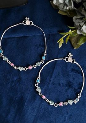Silver Plated Heart Shaped Meenakari Anklet (Set Of 2)
