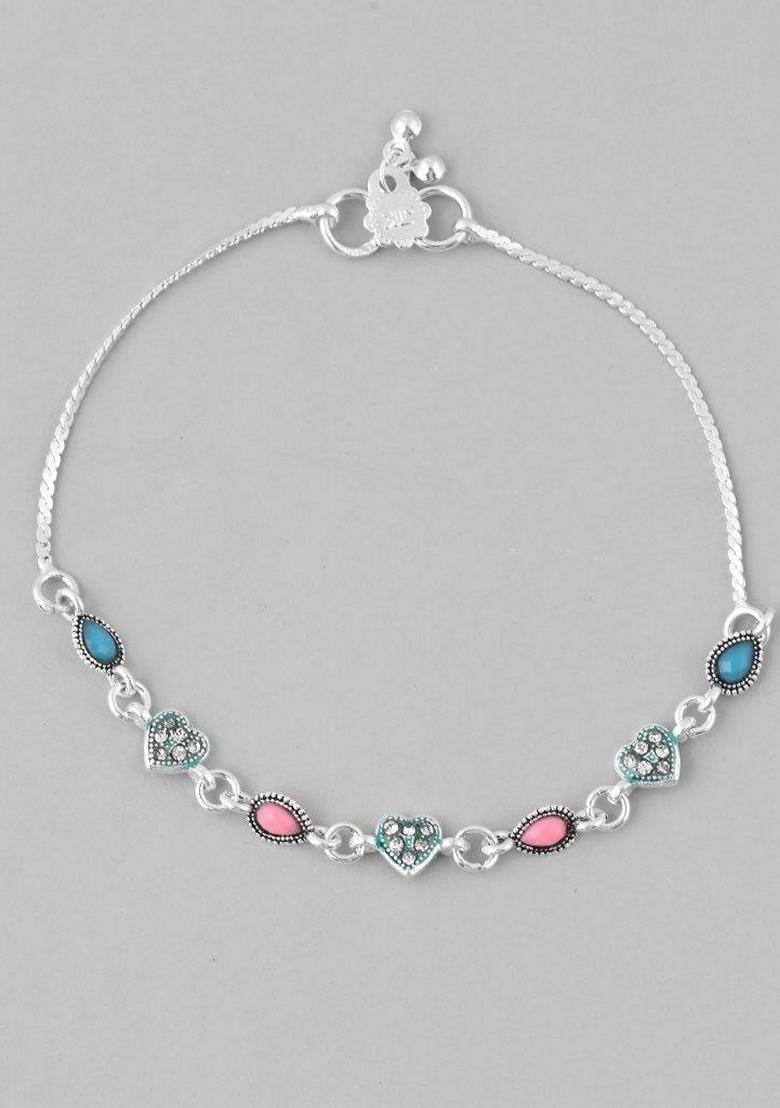 Silver Plated Heart Shaped Meenakari Anklet (Set Of 2)