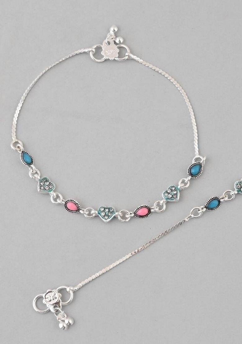 Silver Plated Heart Shaped Meenakari Anklet (Set Of 2)