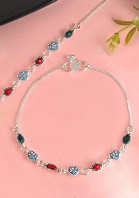 Silver Plated Heart Shaped Stone Studded Anklet (Set Of 2)