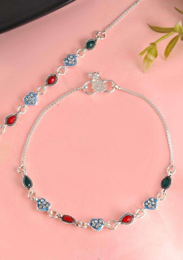 Silver Plated Heart Shaped Stone Studded Anklet (Set Of 2) - Indya